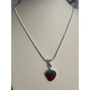 Strawberry Pendant Necklace Silver Tone Chain Courtney C Red Glitter Enamel NWT